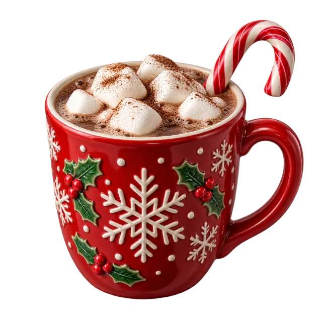 A red snowflake mug filled with hot chocolate, marshmallows and a candy cane