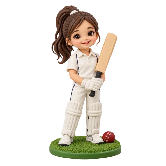 Child cricket player figurine in white holding a bat beside a red ball