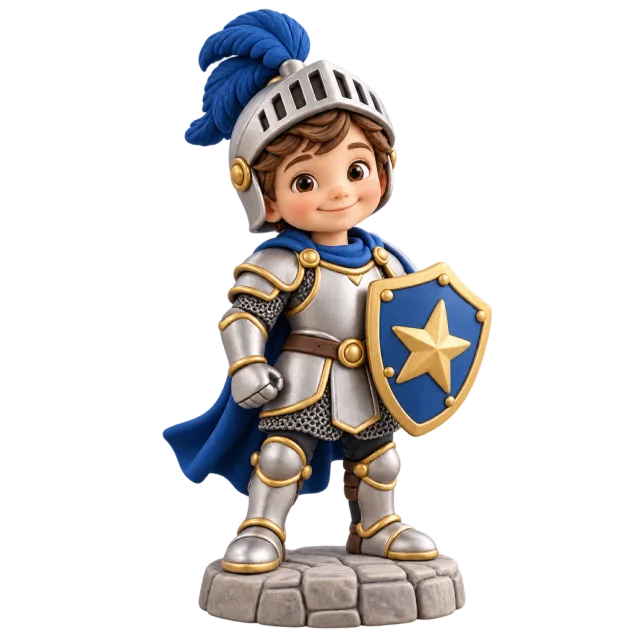 Child knight figurine in silver and blue armor holding a star-decorated shield