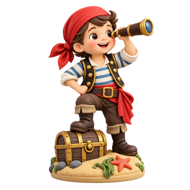 Child pirate figurine with a red bandanna and telescope beside a treasure chest