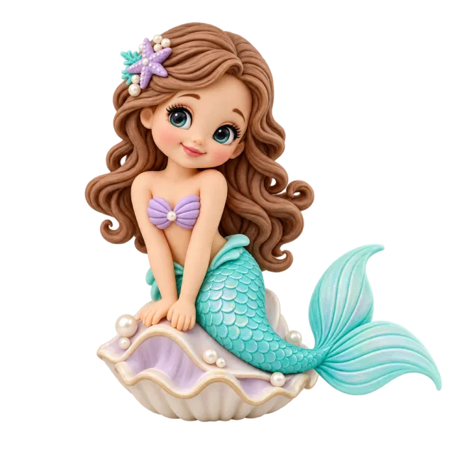 Young mermaid figurine with a turquoise tail seated on a shell
