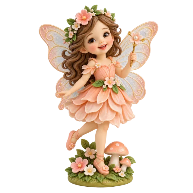 Child fairy figurine with pastel wings and a peach petal dress above flowers