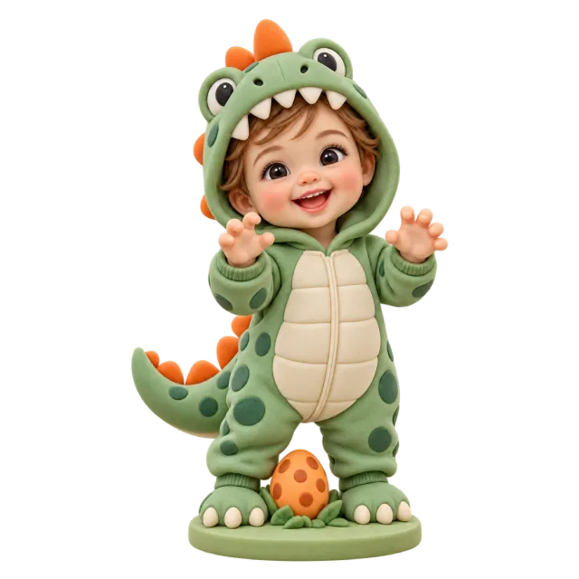 Child figurine wearing a green dinosaur costume with orange spikes