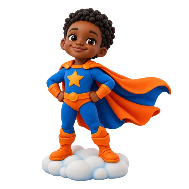 Child superhero figurine in a blue suit with an orange cape and star emblem