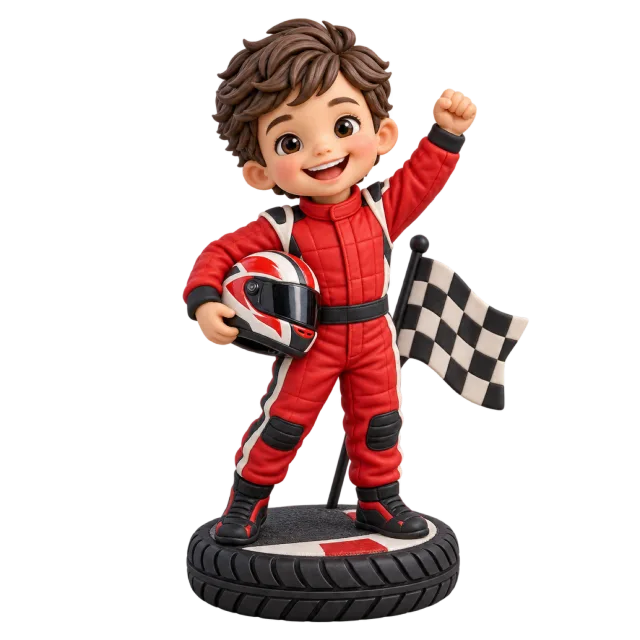 Child racing driver figurine in a red suit holding a helmet beside a checkered flag