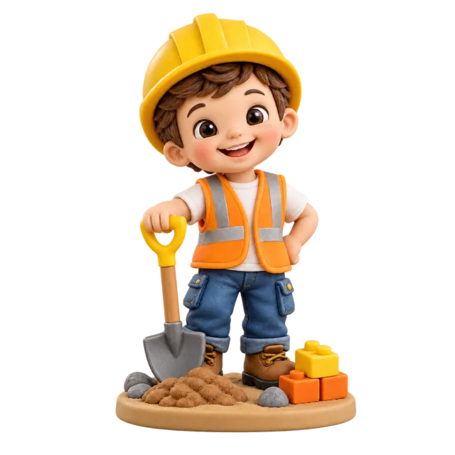 Child builder figurine wearing a yellow hard hat and orange vest beside a shovel