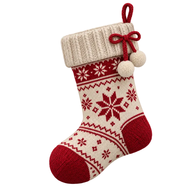 A knitted stocking with snowflake patterns, cream cuff and small pompoms