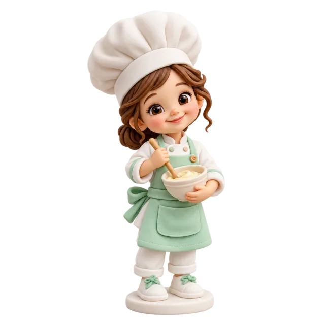 Child chef figurine wearing a white hat and mint apron while holding a mixing bowl