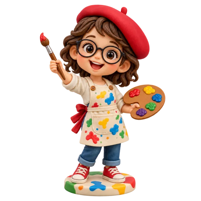 Child artist figurine in a red beret holding a paintbrush and colorful palette