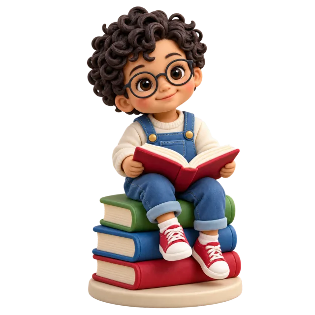 Child figurine with glasses reading a book while seated on a stack of books