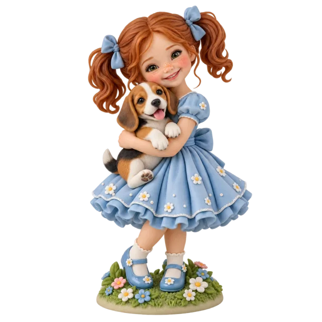 Child figurine in a blue dress holding a small puppy