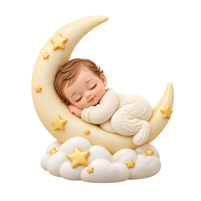 Sleeping baby figurine resting on a yellow crescent moon above clouds and stars