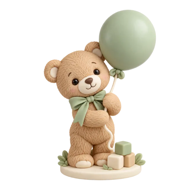 Teddy bear figurine holding a sage green balloon beside small gifts