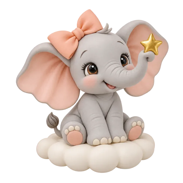 Baby elephant figurine with a pink bow and a gold star resting on clouds