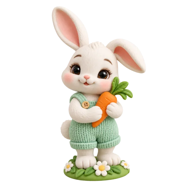 White bunny figurine wearing green overalls and holding a carrot