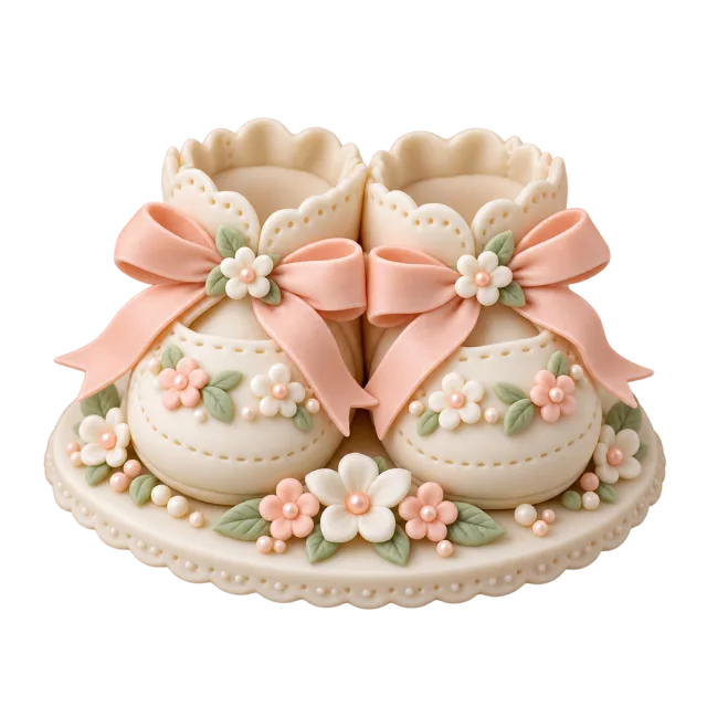 Pair of floral baby booties with pink bows on a decorated round base