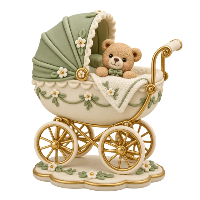 Vintage green baby pram figurine with gold wheels and a teddy bear inside