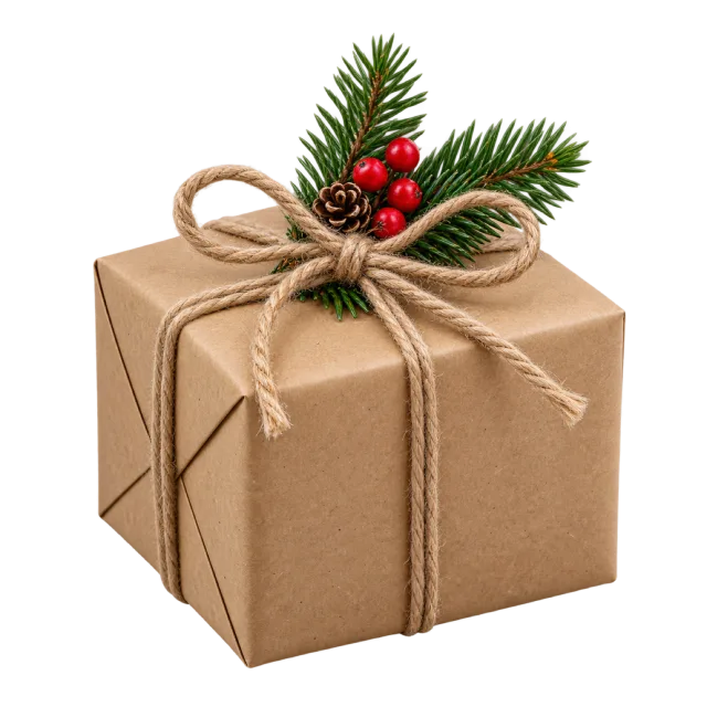 A brown paper gift box tied with twine and topped with pine sprigs and berries