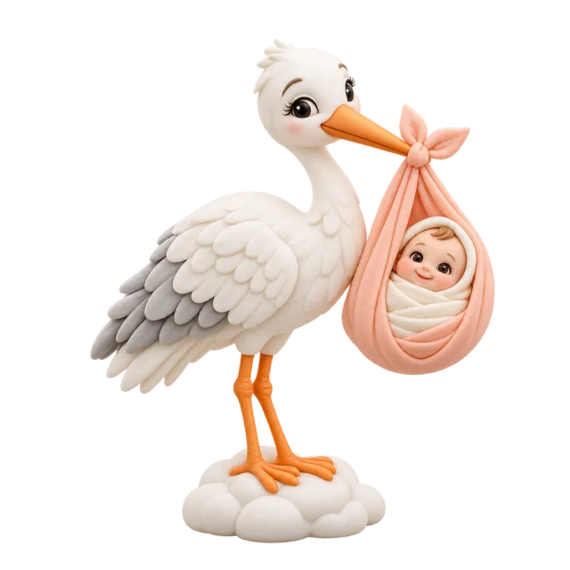 White stork figurine carrying a baby in a pink bundle