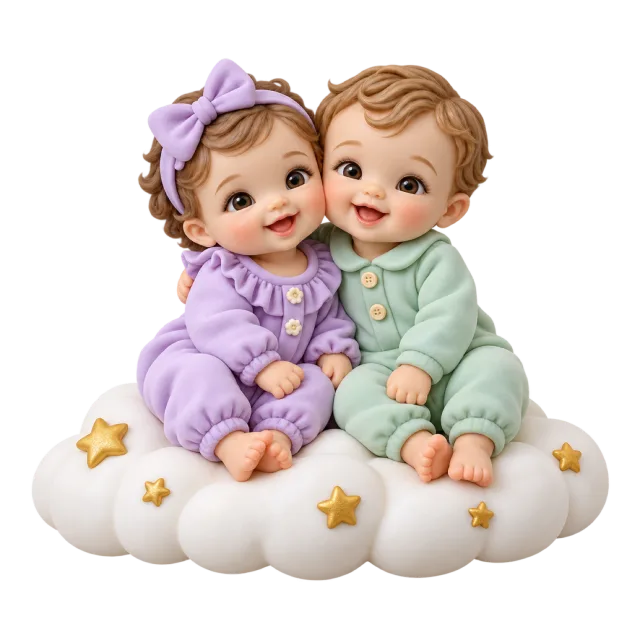 Two baby figurines in lavender and mint outfits seated on a cloud with gold stars
