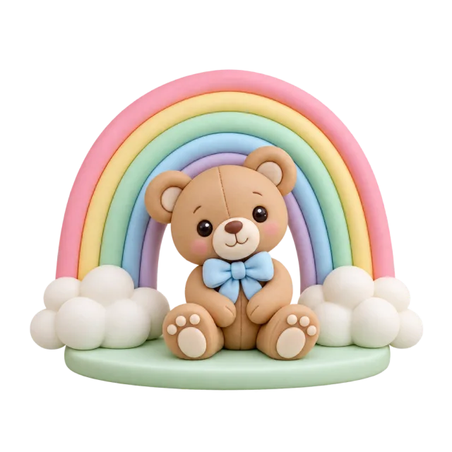 Teddy bear figurine seated beneath a pastel rainbow and white clouds