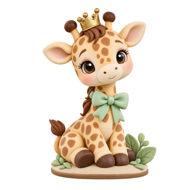 Baby giraffe figurine with a small gold crown and mint bow