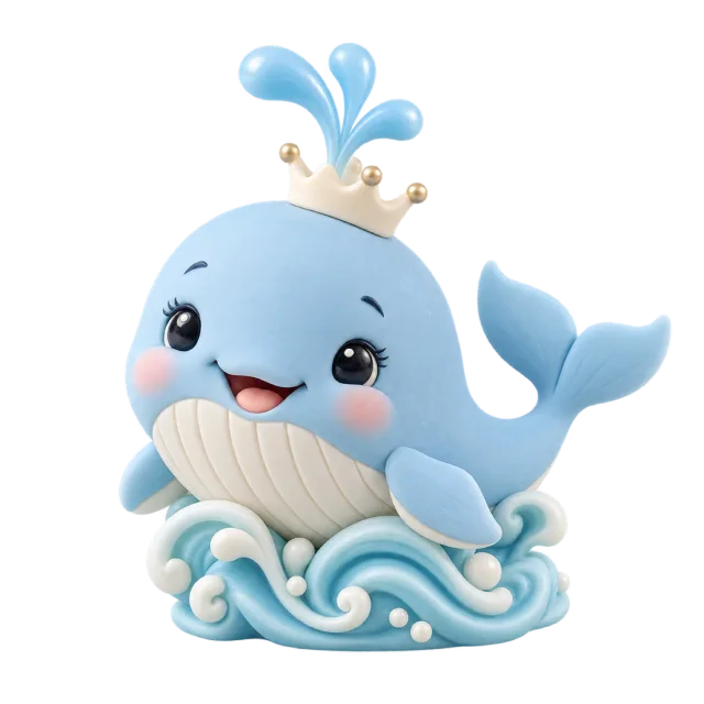 Smiling blue whale figurine above curling waves with a splash and tiny bird