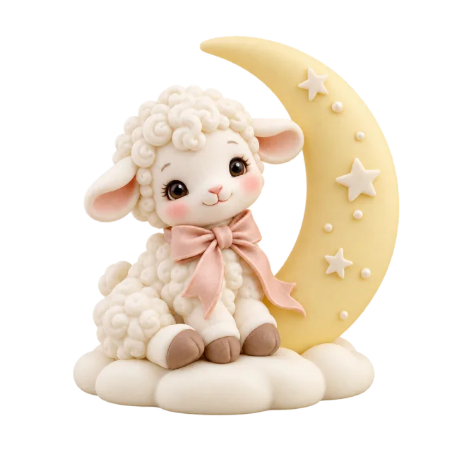 White lamb figurine beside a yellow crescent moon on a cloud base