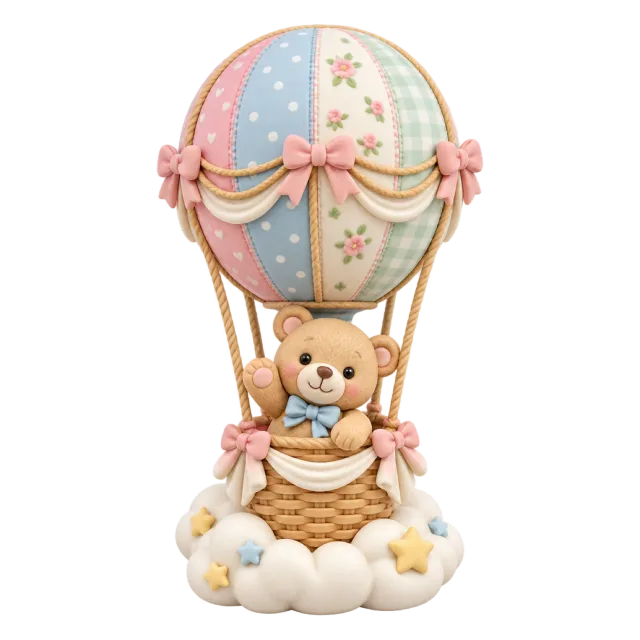 Pastel hot air balloon figurine with a teddy bear in its basket