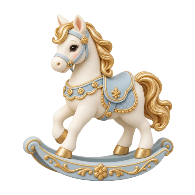 White rocking horse figurine with gold mane and pale blue saddle