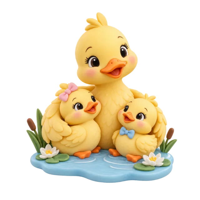 Yellow duck family figurines on a small pond-style base with flowers