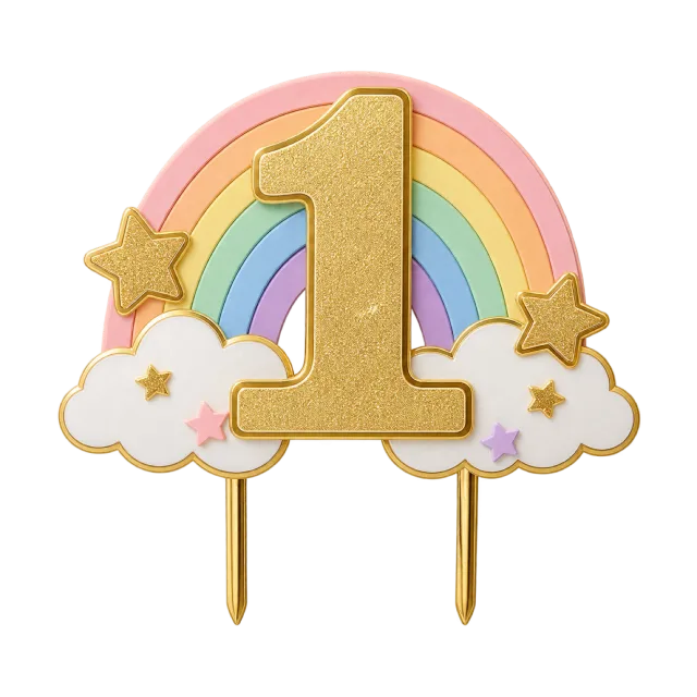 Gold number 1 topper with a pastel rainbow, white clouds and stars