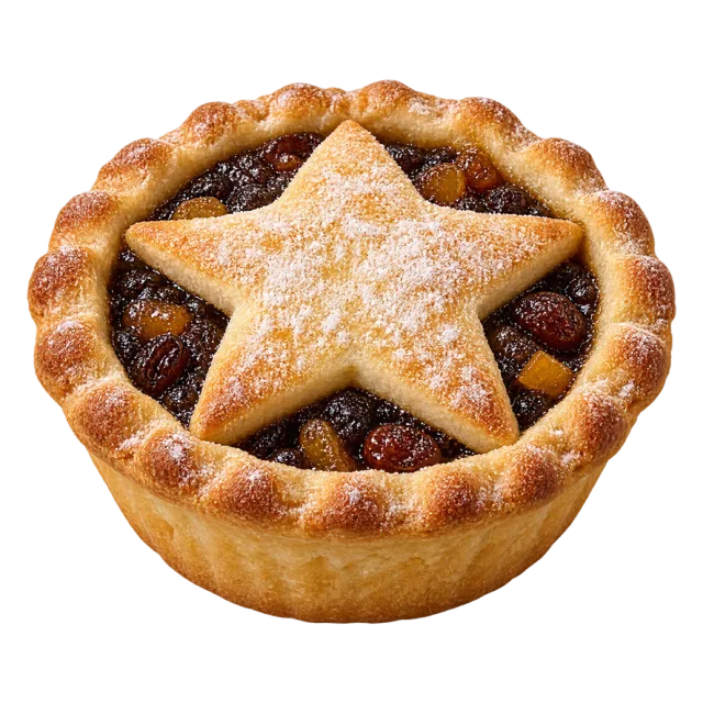 A small fruit mince pie topped with a powdered pastry star