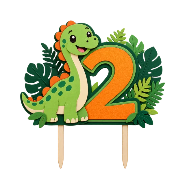 Orange number 2 topper with a green dinosaur and tropical leaves
