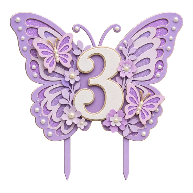 Number 3 topper centered on a lavender butterfly with floral details