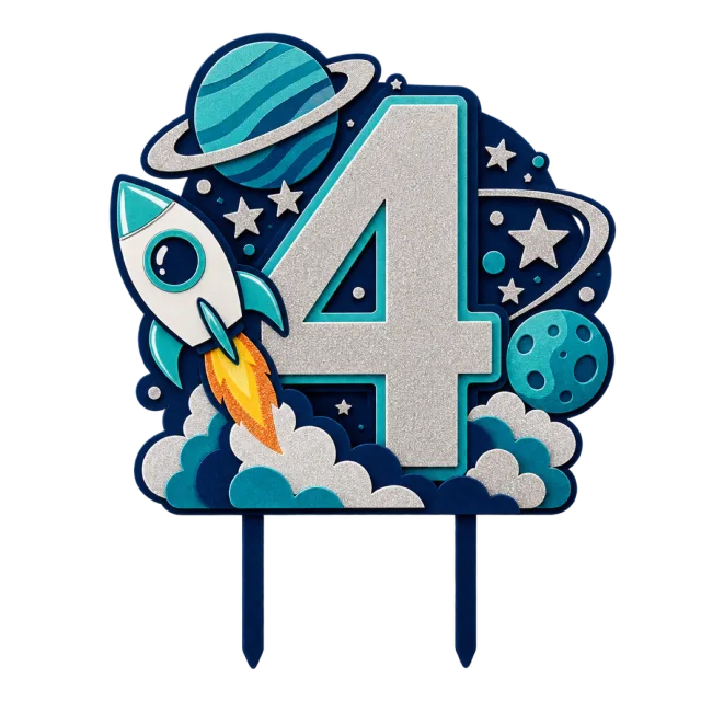Number 4 space topper with a rocket, ringed planet, stars and clouds