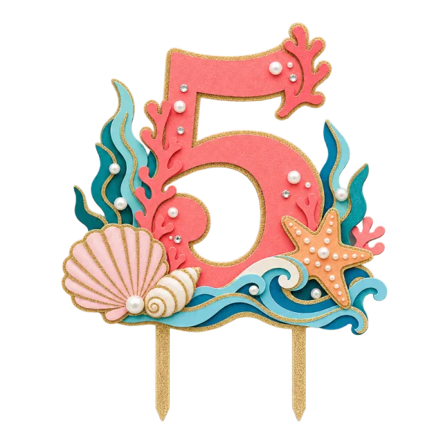 Coral number 5 topper with shells, seaweed, waves and a starfish