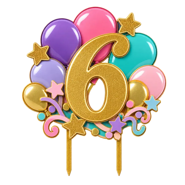 Gold number 6 topper surrounded by colorful balloons and stars