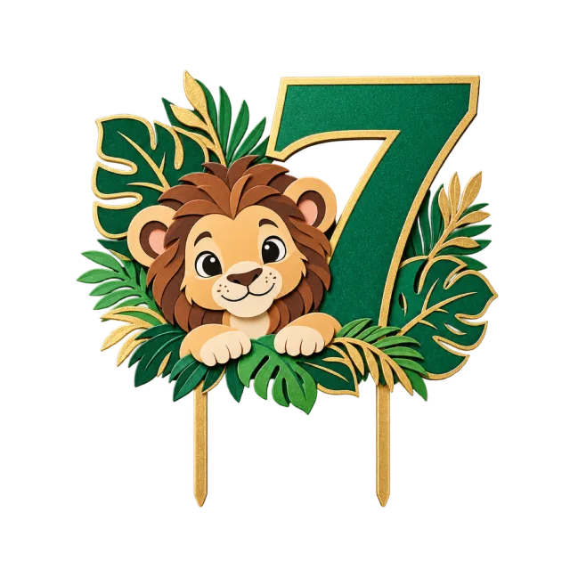 Green number 7 topper with a smiling lion cub and tropical leaves