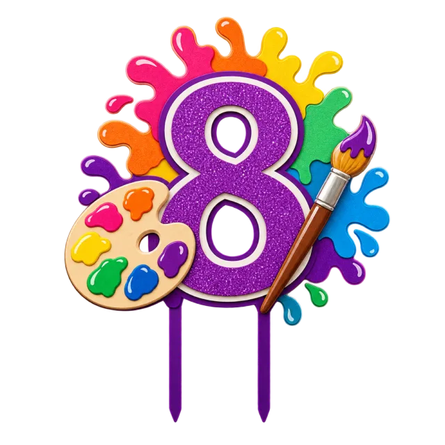 Purple number 8 topper with rainbow paint splashes, a brush and palette