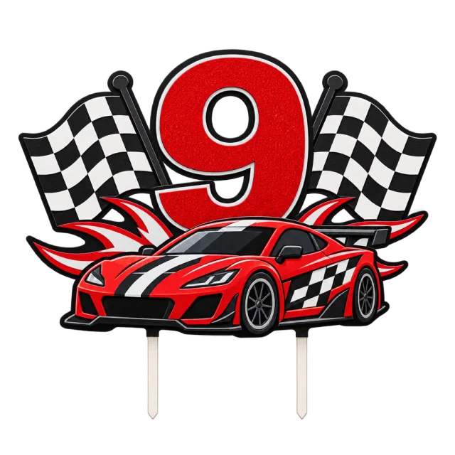 Red number 9 topper with a racing car and checkered flags