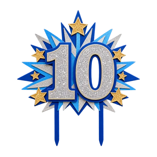 Silver-style number 10 topper with blue starburst shapes and gold stars