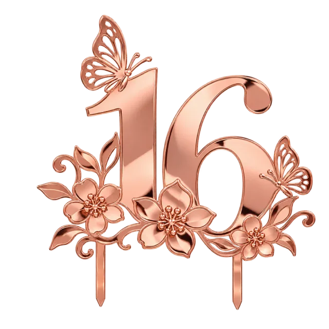 Rose gold-style number 16 topper with flowers and butterflies
