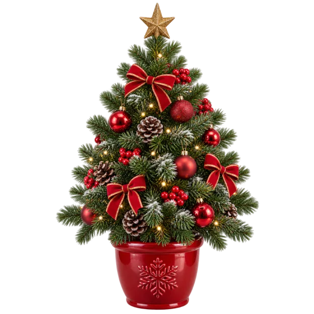 A small decorated evergreen tree in a red pot with a gold star on top
