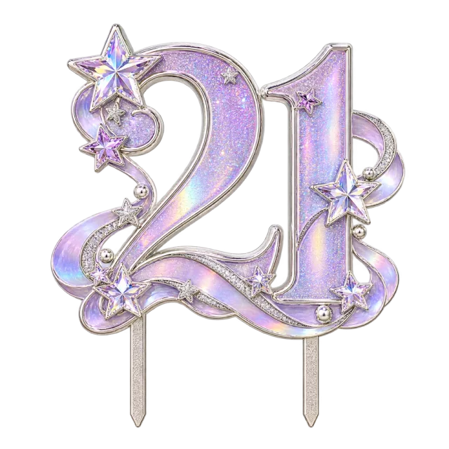 Lavender number 21 topper with silver-style stars and curling details