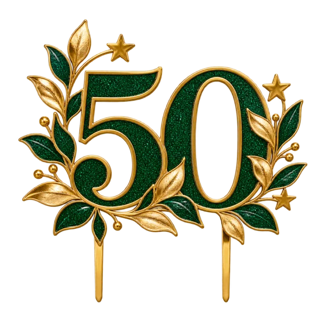 Dark green number 50 topper with gold-style foliage and stars