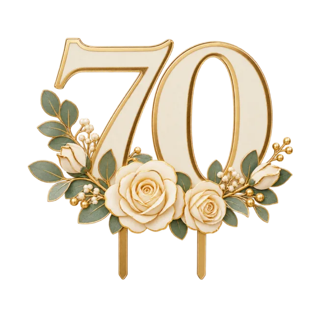 Gold-outline number 70 topper with cream roses and green leaves