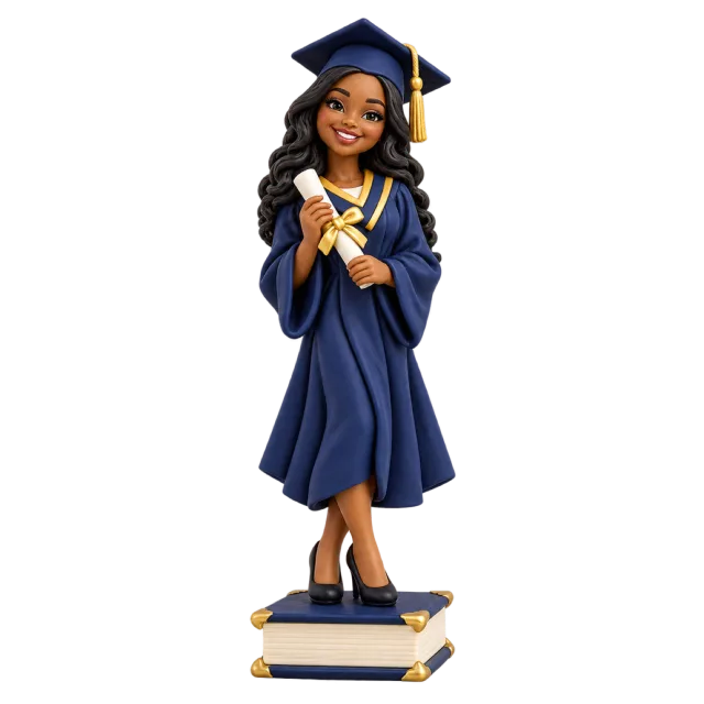 Graduate figurine in a navy cap and gown standing on a stack of books