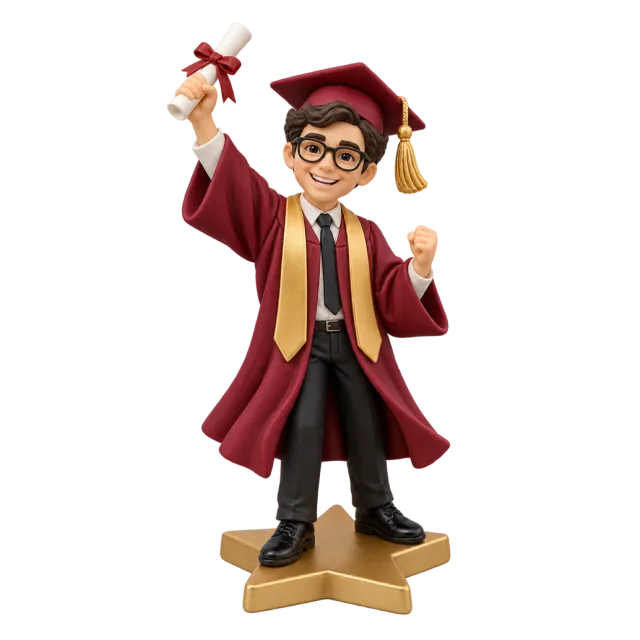 Graduate figurine in a burgundy cap and gown raising a rolled diploma