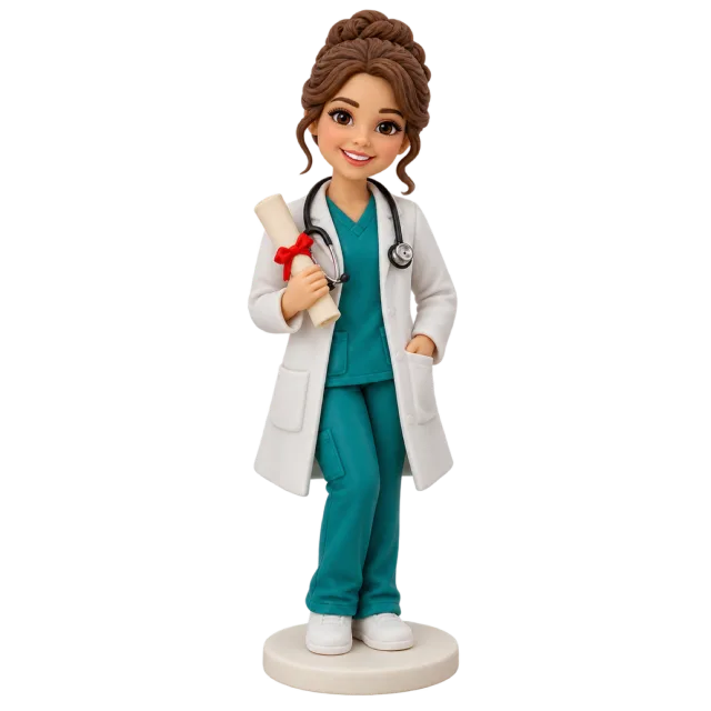 Doctor figurine wearing a white coat over teal scrubs with a stethoscope